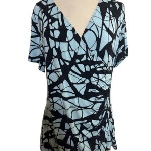 Dana Buchman Black and Blue Abstract V-Neck Blouse